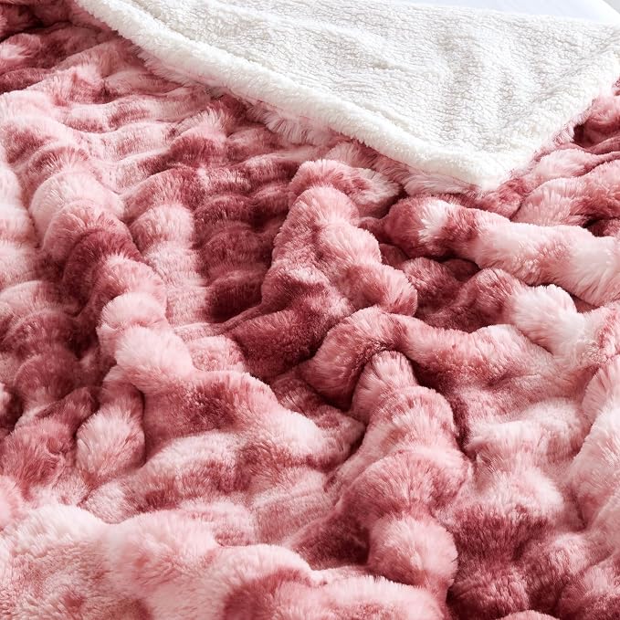 50x60 Inches Ultra-Soft Fuzzy Faux Fur Plush Throw Blanket - Thick, Warm Sherpa for Couch, Sofa, Bedroom, Camping - Decorative Blanket for Cozy Warmth, Bubble Dusty Rose Tie Dye