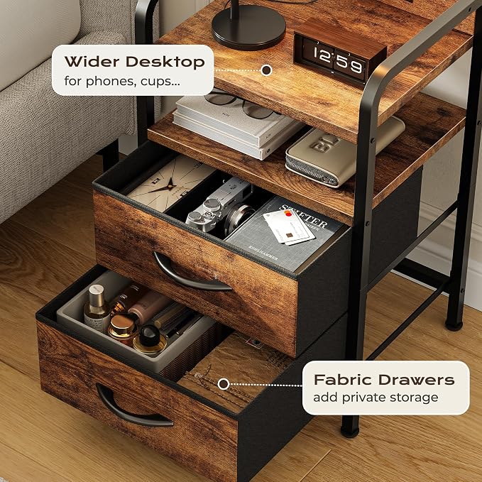 Huuger Nightstands Set of 2, Night Stand, Charging Station, USB-C Ports | 2 Drawers Bed Side Table, Open Shelf, 2-Way Power Panel Installation, End Table for Bedroom, Rustic Brown