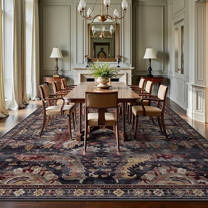 8x10 Area Rugs, Vintage Retro Soft Washable Rug, Non-Slip Low Pile Rugs for Living Room, Bedroom, Dining Room, Stain Resistant Home Decor Rug (Retro Red)