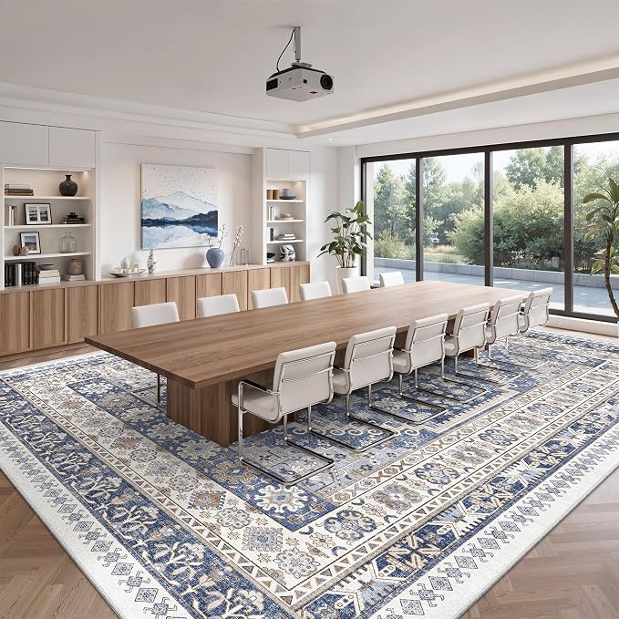 10x14 Area Rugs for Living Room,Large Washable Rug,Blue | Rugs for Bedroom,Dining Room,Office,Low Pile,Soft, Vintage Rug,Stain Resistant Indoor Carpet,Non Slip,Home Decor
