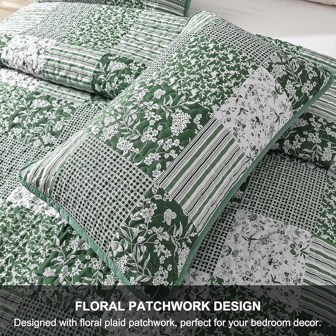 Mybedsoul Green Quilt Set Full Size, Patchwork Floral Bedding Set | Soft Lightweight Microfiber Coverlet Set, 3 Pieces Plaid Reversible Bedspread, Bed Sets for All Seasons 78"x90"