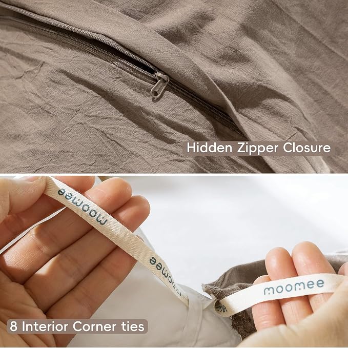 MooMee Duvet Cover Set 100% Washed Cotton Linen Like Super Queen | Relaxed Linen-like Texture. Soft, Breathable & Long-lasting Comfort. Lightweight. Hidden Zipper with 8 Interior Corner Ties