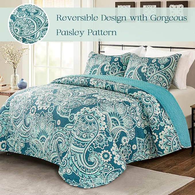 Whale Flotilla California King Size Quilt Set, Soft Boho Paisley Bedspreads | Reversible Lightweight Oversized Quilt Bedding Set for Bed, Turquoise Printed Coverlets with 2 Pillow Shams for All Seasons