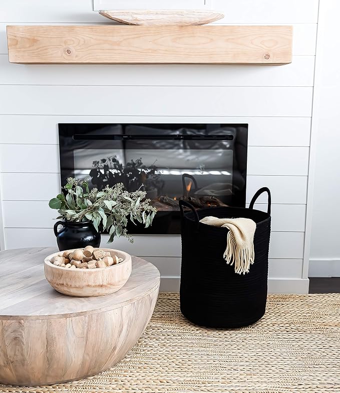 OrganiHaus Tall Cotton Rope Laundry Basket & Hamper, Blanket Storage 52L | Full Black - Tall Cotton Rope Hamper, 52L