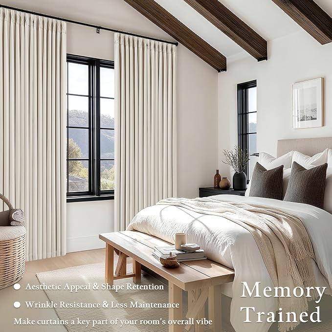 Pleated Cream Ivory 86 Inch Blackout Linen Curtains for Living Dining Room | Pinch Pleat, Boho Farmhouse Natural Linen, 100% Black Out Bedroom Curtains, Thermal Insulated Room Darkening 2 Layer Design