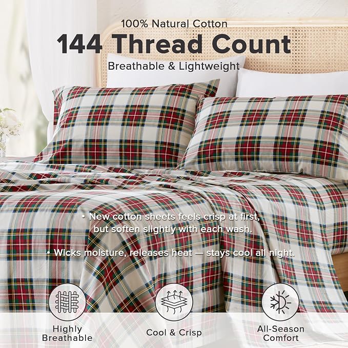 Comfort Spaces 100% Cotton Percale Sheets Full Sheet Set, 4 Piece | Crisp, Cool & Breathable Bed Sheets, 14" Deep Pocket Fits Up to 16" Mattress, Lightweight, All Season, Scottish Plaid Red