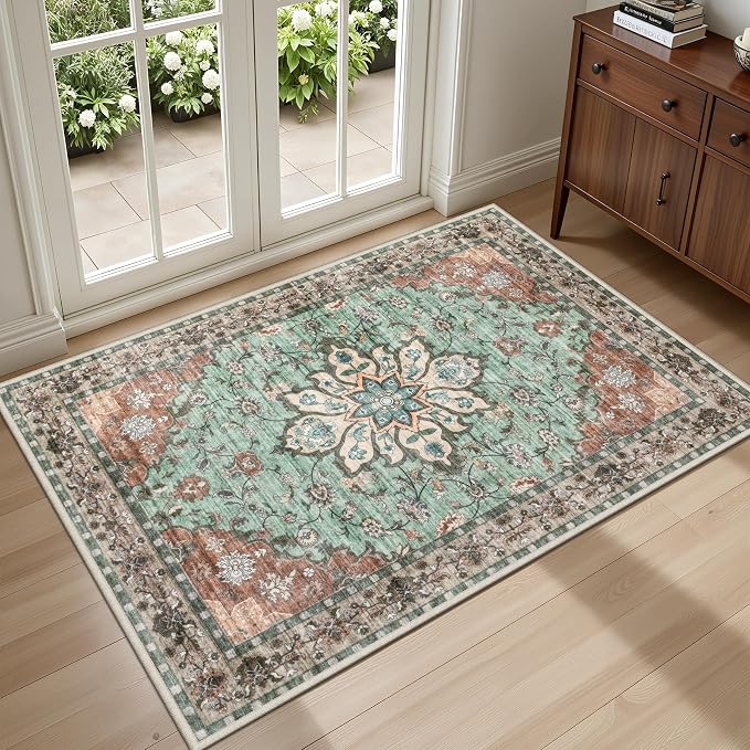 2x3 Area Rugs Living Room: Washable Rug for Bedroom Brown Green | Boho No Slip Stain Resistant Rug Soft Indoor Decor Floor Floral 2x3 Area Rugs for Dining Room, Nursery, Hallway, Home Office
