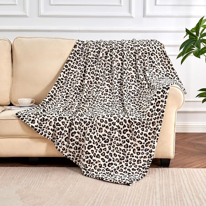 Edenleaf Leopard Print Blanket Fleece Throw for Bed Sofa Travel and Camping, Super Soft Cozy Fluffy Plush Cheetah Print Blanket for All Seasons 60"x80" (Cream)