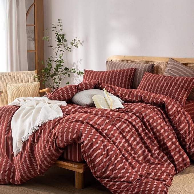 BESTOUCH Striped Cotton Duvet Cover Set Linen Feel Twin | 100% Washed Cotton, Soft Wrinkle Texture, Hidden Zipper, 8 Ties, Breathable Lightweight Durable Comfy, 2 Pcs No Insert