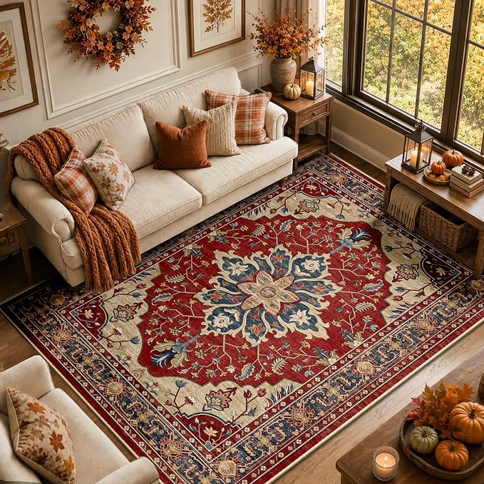 RELEANY Washable Area Rug, 5'x7', Red/Blue | Non-Slip, Water Repellent, Pet Friendly, Easy to Clean, Vintage Floral Boho Decor for Living Room Bedroom Dining Room Office