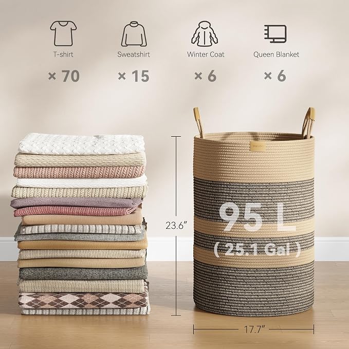 Nunsino 95L Striped Laundry Hamper with Leather Handles,Large Foldable Laundry Basket for Clothes,Cotton Rope Storage Bin for Blankets,Woven Clothes Basket for Bedroom,Dark Brown Stripes