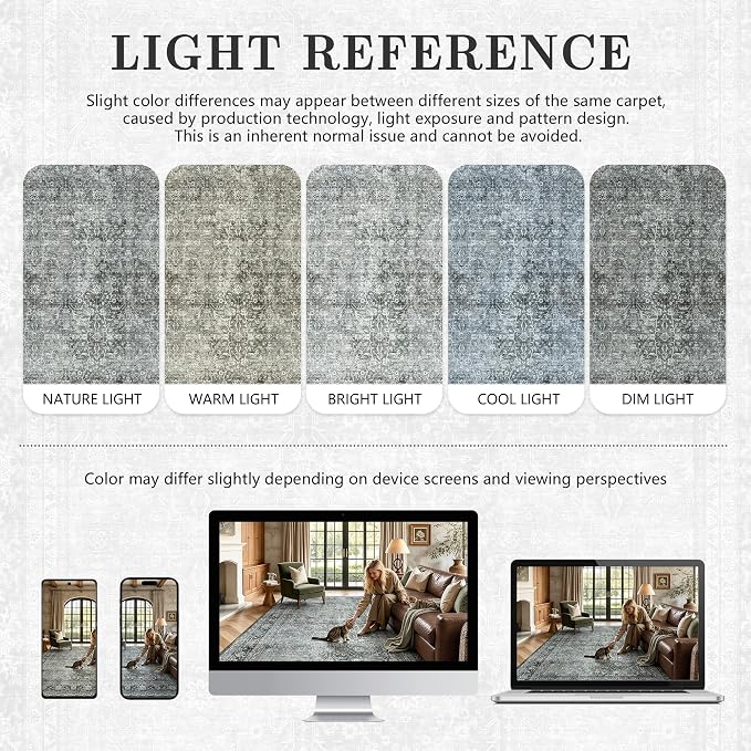 6x9 Area Rugs - Washable Vintage Retro Living Room Rug, Soft Ultra Thin Non Slip Low Pile Traditional Distressed Boho Carpet for Bedroom Dining Room Nursery Home Office, Black Grey