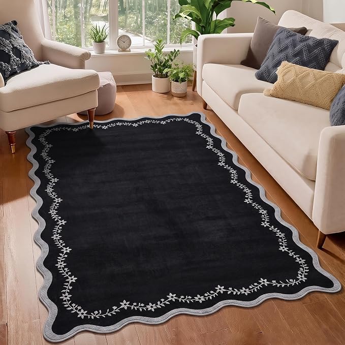 GarveeHome 3x5 Scalloped Washable Area Rug Non Slip Bedroom Entryway Rug | Soft Black Kitchen Rug Low Pile Carpet Stain Resistant Throw Rug for Bedside Kids Room Office Dining Room