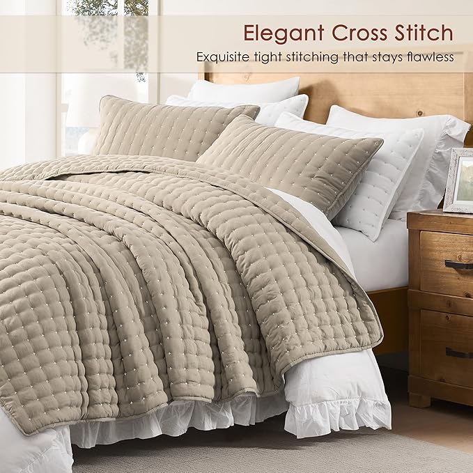 WDCOZY Beige King Size Quilt Bedding Sets with Pillow Shams, Tan Cream Lightweight Bedspread Coverlet, Quilted Blanket Thin Comforter Bed Cover, All Season Summer Spring, 3 Pieces, 104x90 inches