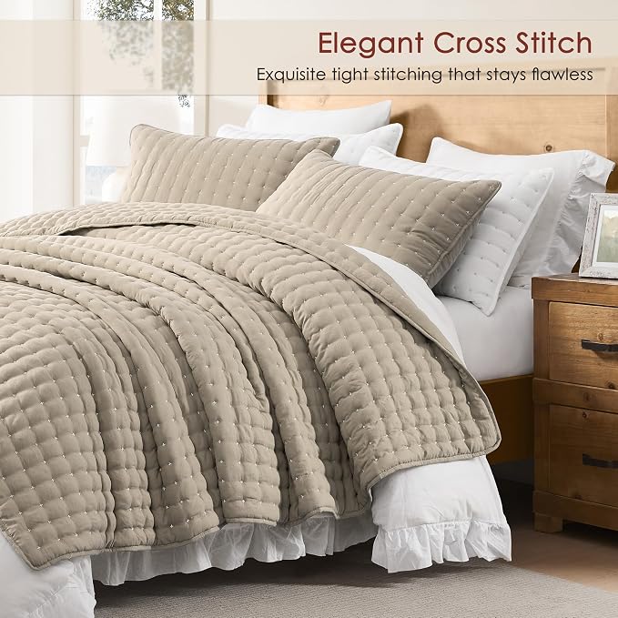WDCOZY Beige Twin Size Quilt Bedding Sets with Pillow Sham, Tan Cream Lightweight Bedspread Coverlet, Quilted Blanket Thin Comforter Bed Cover, All Season Summer Spring, 2 Pieces, 68x90 inches