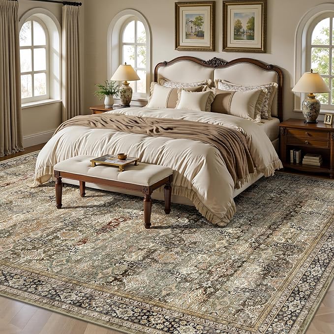 10x14 Area Rugs for Living Room - Washable Vintage Retro Large Rug, Soft Ultra Thin Non Slip Low Pile Traditional Distressed Boho Carpet for Bedroom Dining Room Home Office, Charcoal Olive