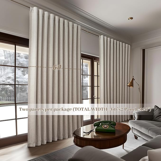 Blackout Curtains 60 Inches Extra Wide Natural Linen Curtains 102 Inch Length for Living Room, Pleated Farmhouse Bedroom Thermal Heavy Drapes for Winter Thick Large Window 60"W x 102"L 2 Panels