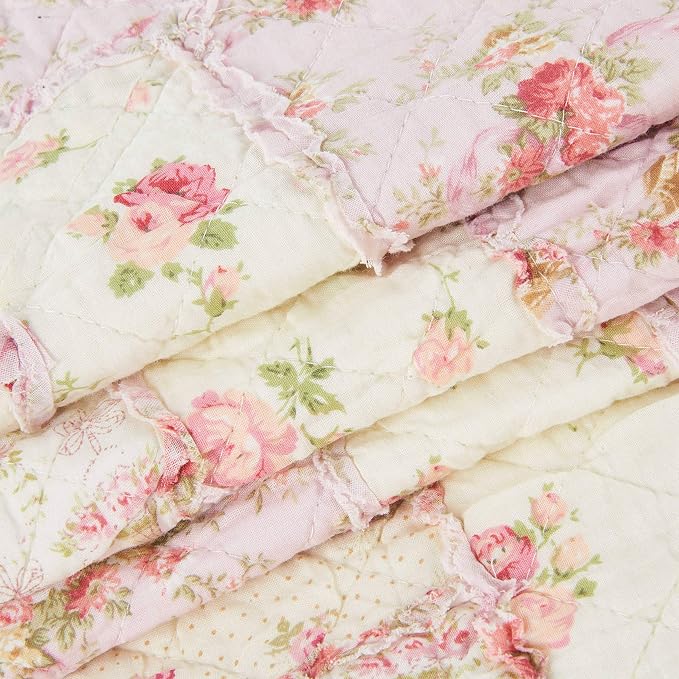 Cozyholy Original 100% Cotton Quilt Pink Floral Patchwork Quilts Quilted Throw Blanket, Reversible Bedspread Coverlet Vintage Shabby Chic Cottage Bedding Quilt for Bed Couch Sofa