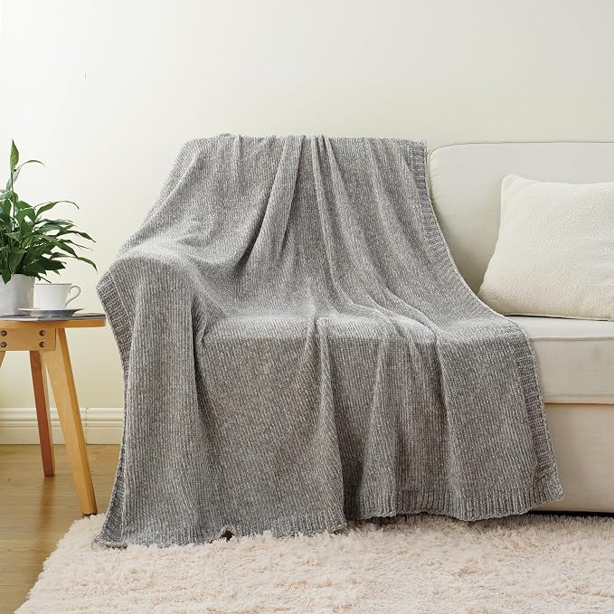Chenille Throw Blanket for Couch Sofa, Light Grey Throw Blanket 51"x67" | Shiny Chenille Blanket, Soft Cozy Gray Knit Throw Blanket, Knitted Chenille Throw Blanket for Chair, Living Room, Home Decor