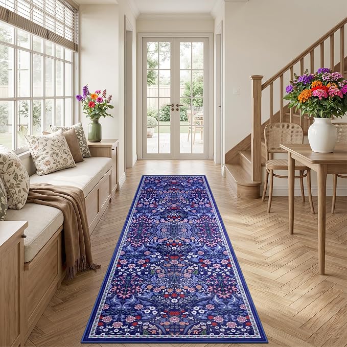 PLHXFR 3x10 Washable Runner Rug：Floral Indoor Kitchen Soft Carpet Blue | For Hallway Bedroom Kitchen Laundry Bathroom Dorm,Vintage Floral,Machine washable,Non Slip,Stain Resistant,Indoor Floor