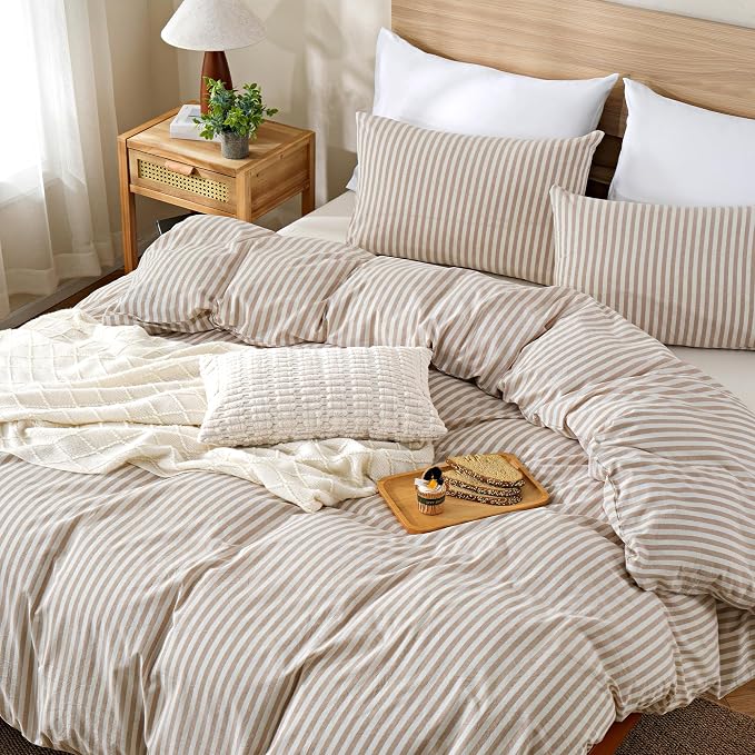 TOCOMOA Brown Striped Duvet Cover Set 100% Washed Cotton Like Linen, King | Linen-Like Feel Soft, Breathable & Comfy for All Season. Lightweight Bedding Set with Zipper & 8 Ties. 3 Pcs, No Insert