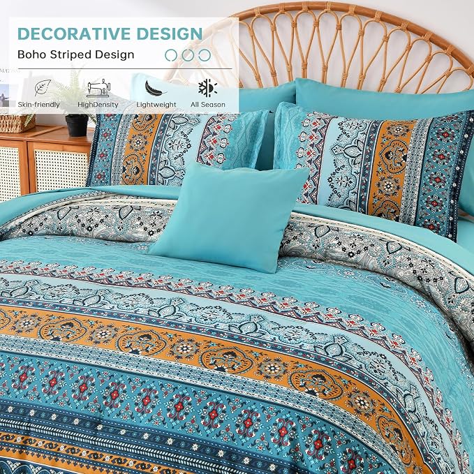 Cottolester Boho Queen Comforter Set 8 Pieces,Teal and Yellow Bohemian Comforter Paisley Striped Bed in A Bag,Soft Microfiber Bedding Set for All Season