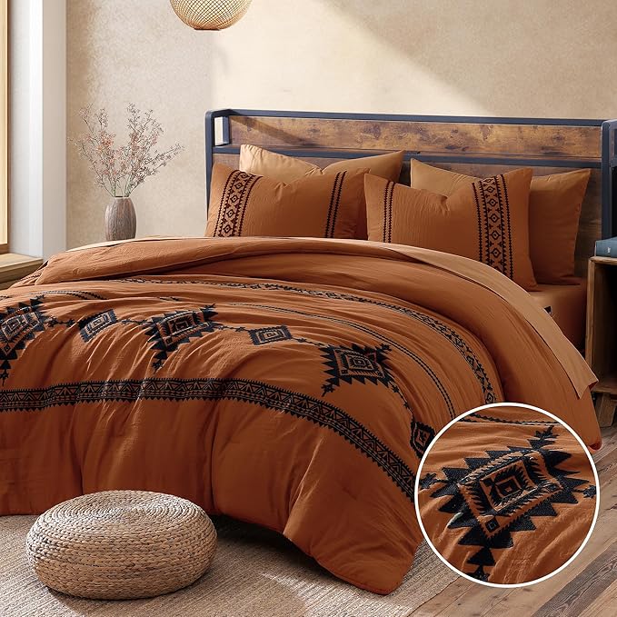 MaiRêve Embroidery King Size Comforter Set 7 Pieces Western Bed in a Bag | Burnt Orange Boho Farmhouse Bedding Sets with Comforter, Sheets, Pillowcases & Shams