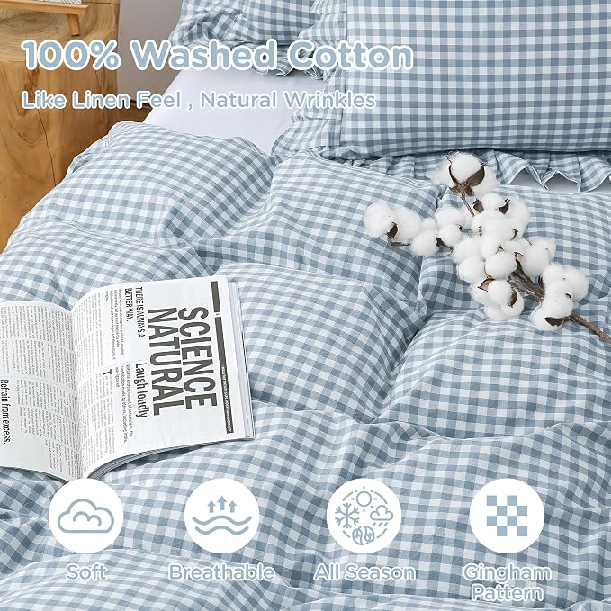 ATsense Blue Gingham Ruffle Duvet Cover Set Cotton Like Linen, King | 100% Washed Cotton Linen-Like Feel Soft, Breathable & Comfy. Farmhouse Bedding Set with Zipper & 8 Ties. 3 Pcs, No Insert