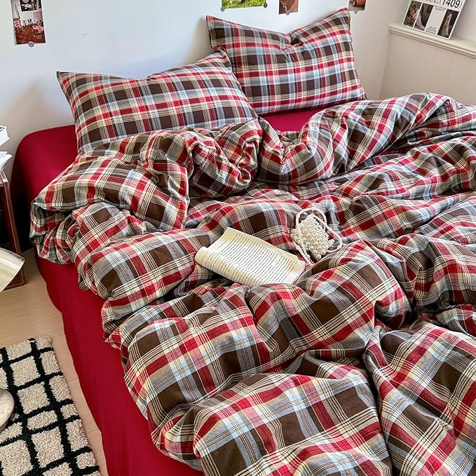 Vintage Buffalo Plaid Comforter Set King Size, 3 Pieces Red Brown Checkered Grid Comforter with 2 Pillowcases, Soft Fluffy Breathable Plaid Printed Gingham Bedding Comforter Set for All Seasons