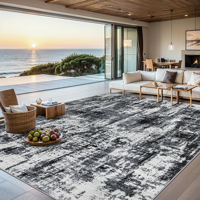 PLHXFR 10x14 Area Rug Living Room: Modern Abstract Washable Carpet Black | For Bedroom Dining Room Farmhouse Nursery Home,Machine washable,Non Slip,Large Soft Neutral,Stain Resistant, Indoor Floor