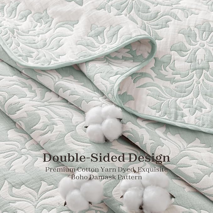 Exclusivo Mezcla Cotton Quilts Queen Size Sage Green | Soft Lightweight Bedspread, Breathable Prewashed Yarn Dyed Muslin, All Season Bedding Set, Boho Coverlet With 2 Pillow Shams