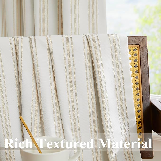 ZJDECOR 84 Inches Beige Striped Full Blackout Curtains for Bedroom | Stripe on White Cotton Blend Light Filtering with White Liner,Darkening Window Treatment,Back Tab Rod Pocket,55"Wx84"Lx2