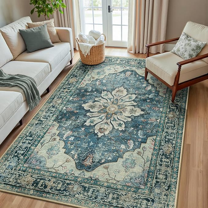 RELEANY Washable Area Rug, 5'x8', Blue/Vintage Dark Blue | Non-Slip, Water Repellent, Pet Friendly, Easy to Clean, Vintage Floral Boho Decor for Living Room Bedroom Dining Room Office