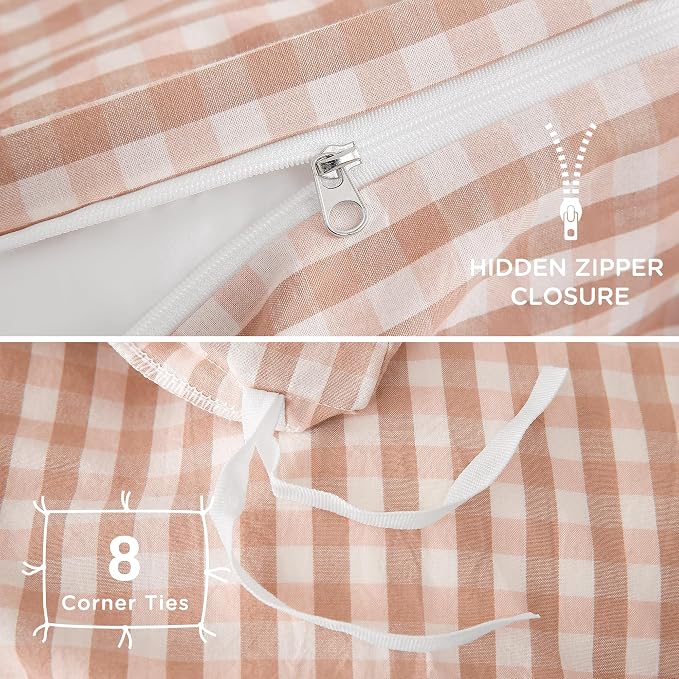 TOCOMOA Gingham Duvet Cover Set 100% Washed Cotton Like Linen, King | Linen-Like Feel Soft, Breathable & Comfy for All Season. Pink Brown Fall Bedding Set with Zipper & 8 Ties. 3 Pcs, No Insert
