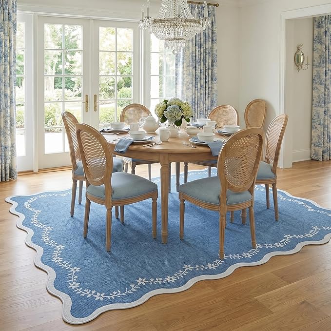 GarveeHome 6x9 Scalloped Area Rug Soft Washable Rug for Living Room Bedroom | Soft Blue Low Pile Non Slip Accent Floor Mat Solid Print Throw Rug Indoor Carpet for Dining Room Dorm Playroom