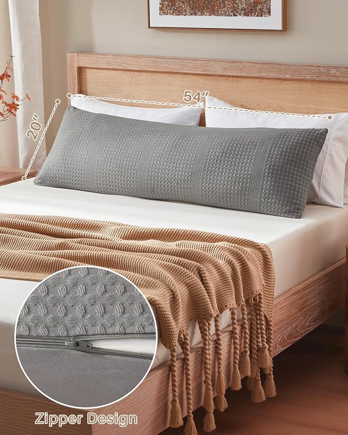 YZ HOME Waffle Weave Body Pillow for Adults, Memory Foam Insert | Long Pillow with Removable Pillowcase, Firm and Fluffy, Large Bed Pillows for Side Sleepers, Washable, 20x54 Inch, Grey