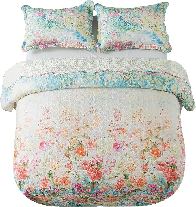 Quilt Bedspread Sets- Dreamy Flowers Reversible Coverlet Set,Queen Size
