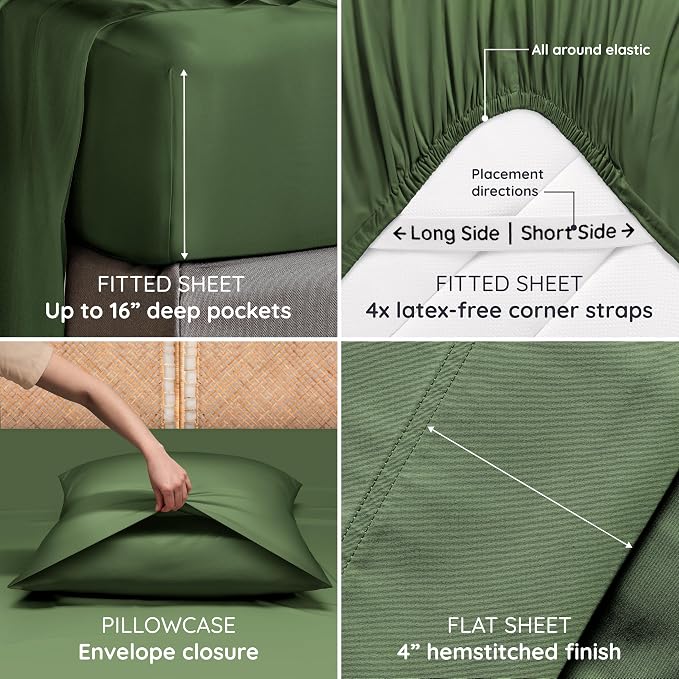 Bambaw 100% Viscose Derived from Bamboo Queen Sheet Set 6 Piece, Queen Size Cooling Sheets for Hot Sleepers, Super Soft Sheets, Deep Pockets Fits Up to 16'' Mattresses (Olive)