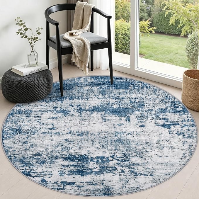 Round Area Rug Living Room: 4 ft Modern Washable Carpet Blue | For Bedroom Dining Room Farmhouse Nursery Hallway Office,Modern Abstract,Machine washable,Non-Slip,Stain Resistant,Indoor
