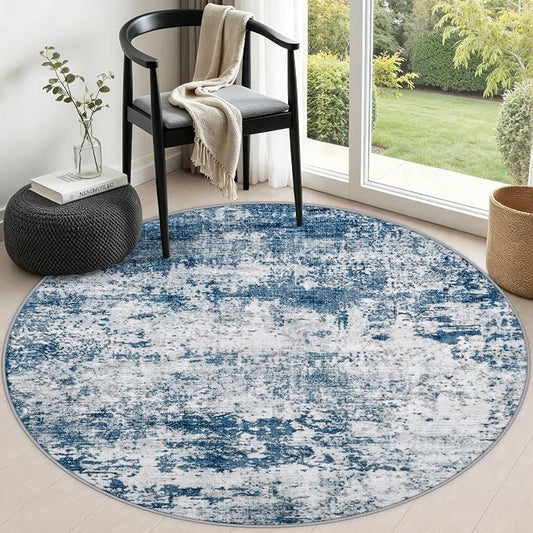 Round Area Rug Living Room: 4 ft Modern Washable Carpet Blue | For Bedroom Dining Room Farmhouse Nursery Hallway Office,Modern Abstract,Machine washable,Non-Slip,Stain Resistant,Indoor