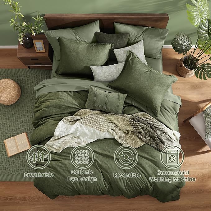 Monbix Queen Comforter Set 7 Pieces Cationic Green Bed in a Bag | Cationic Dyeing Reversible All Season Bedding Sets with Comforter, Sheets, Pillowcases & Shams