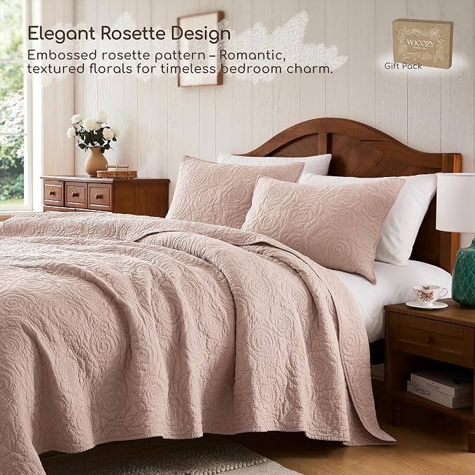 WDCOZY 100% Cotton King Size Quilt Bedding Sets Floral Rosette Pink | Pre-Washed Thin Farmhouse Bedspread, 106"x96" Comforter + 2 Shams 20"x36", Lightweight Coverlet, All-Season, Machine Washable