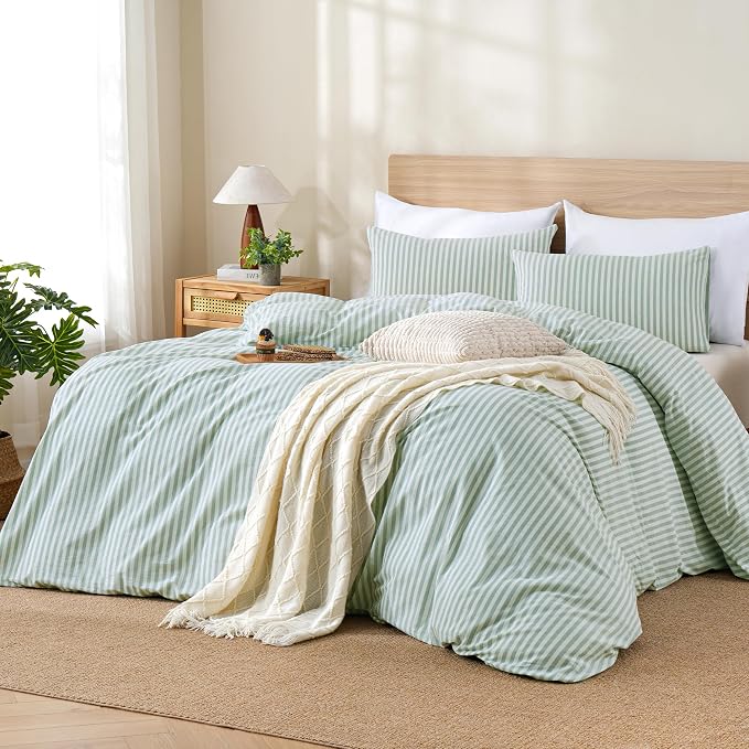 TOCOMOA Sage Green Striped Duvet Cover Set Washed Cotton Like Linen, Queen | 100% Washed Cotton Linen-Like Feel Soft, Breathable & Comfy. Lightweight Bedding Set with Zipper & 8 Ties. 3 Pcs, No Insert