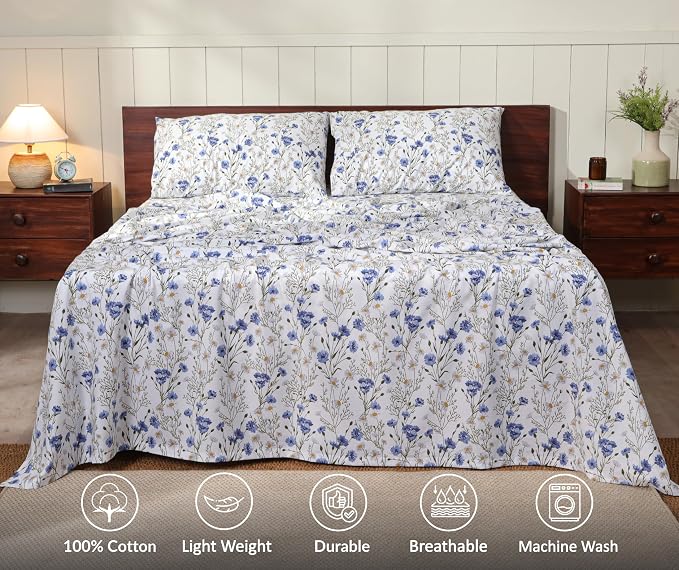 RUVANTI 100% Cotton Percale Sheets Full Size, Sweet Pea | Crisp Cooling, Deep Pocket 16", Soft Breathable & Durable, Hotel-Style, 4 Piece Set
