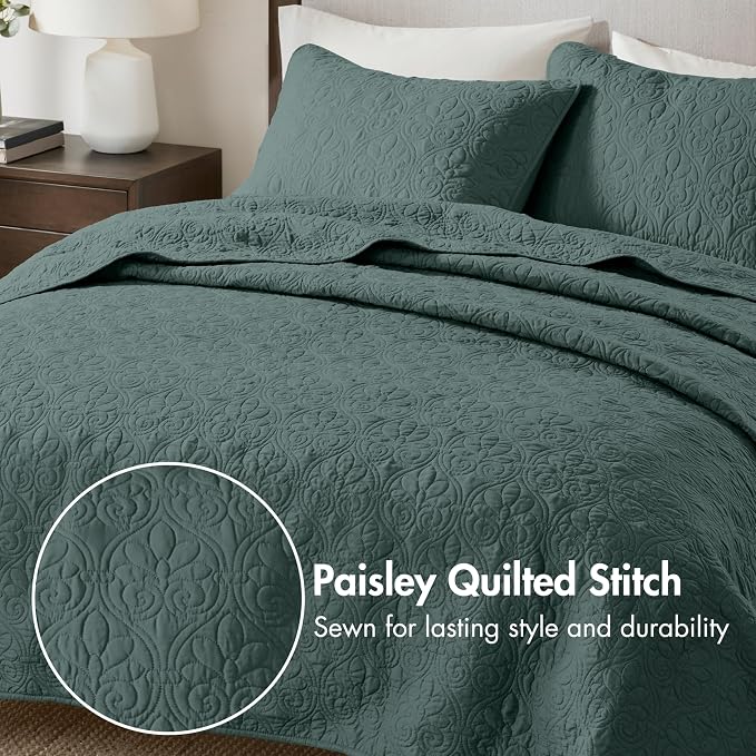 Madison Park Luxurious Cotton Damask Quilt Set, 3PC King/Cal King Bed Set | All Season, Lightweight Stitching Coverlet Bedspread Bedding Stitching with Shams, Balsam Green