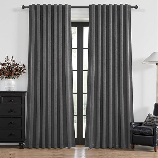 Dark Gray 108 Inch Extra Long Blackout Curtains for Bedroom 2 Panels Set, Boho Room Darkening Pleated Flax Linen Blend Window Curtain 108 Inches Long with Hooks for Patio Sliding Door(50"Wx108"L Grey)