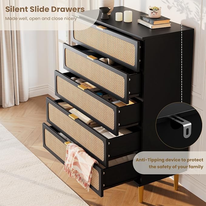GarveeHome Rattan 5 Drawer Dressers for Bedroom, Deep Drawer, Black | Tall Dresser, Wide Top, for Living Room, Hallway, Kids Room, Large Chest of Drawers for Closet, Long Wooden Dresser