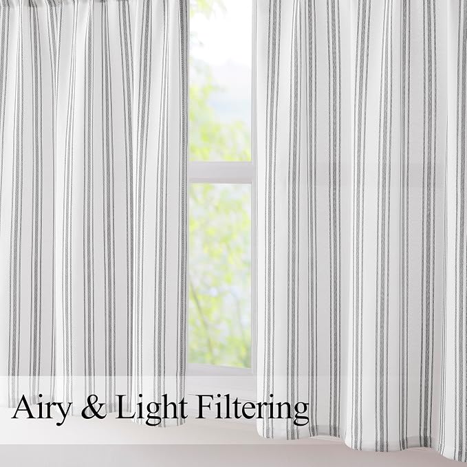 ZJDECOR Cotton Blended Beige Striped Kitchen Tier Curtains,27" Wx24 Lx2 | Kitchen Curtains,Semi Sheer,78%Polyester、22%Cotton,Cottage Farmhouse Rusitc,Kitchen Bathroom RV Window Treatment