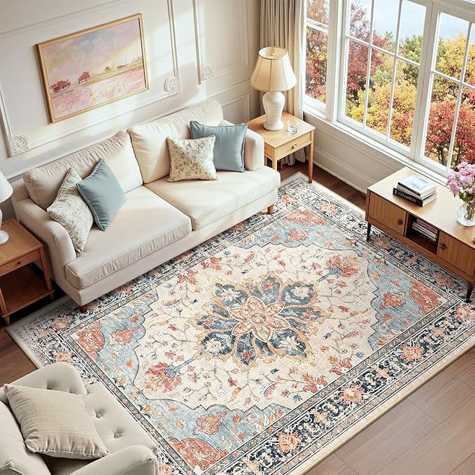 RELEANY Washable Area Rug, 6'x9', Beige/Blue/Orange | Non-Slip, Water Repellent, Pet Friendly, Easy to Clean, Vintage Floral Boho Decor for Living Room Bedroom Dining Room Office