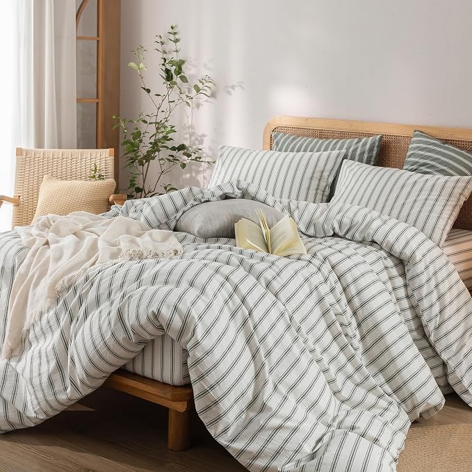 BESTOUCH Striped Cotton Duvet Cover Set Linen Feel California King | 100% Washed Cotton, Soft Wrinkle Texture, Hidden Zipper, 8 Ties, Breathable Lightweight Durable Comfy, 3 Pcs No Insert
